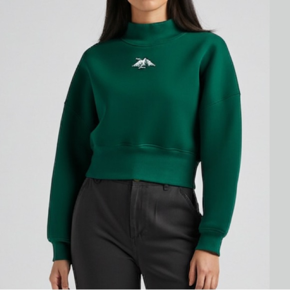 Wild Fable Aspen Colorado Mountain Mock Turtleneck Cropped Sweatshirt Green EUC